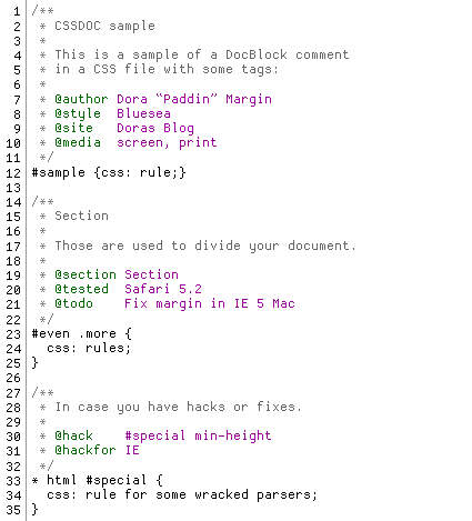 CSSDOC Beispielcode mit Syntaxhighlighting